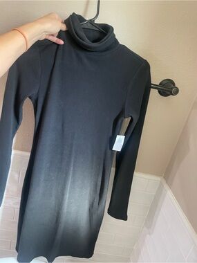Black Ribbed Turtleneck Long Sleeve Dress